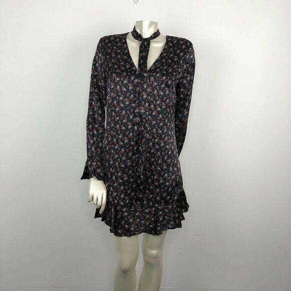 Intermix Serena Tie Neck Ruffle Shift Silk Dress in Black Floral Print. Size 4 - Picture 1 of 10